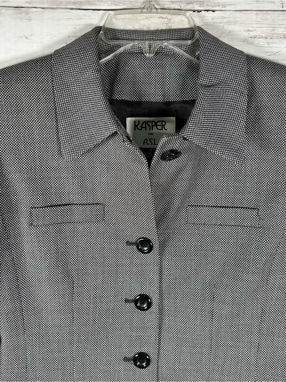 Vintage Kasper Micro Weave Black Ivory Tailored Wool Blend Jacket 4 - Picture 5 of 7